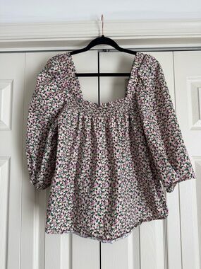 H&M Smocked Square-Neck Floral Blouse - Pink & Green